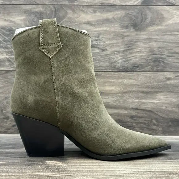 NIB Kenneth Cole New York Kara 8.5M Western Pointed Toe Suede Ankle Boots Khaki - Picture 5 of 9
